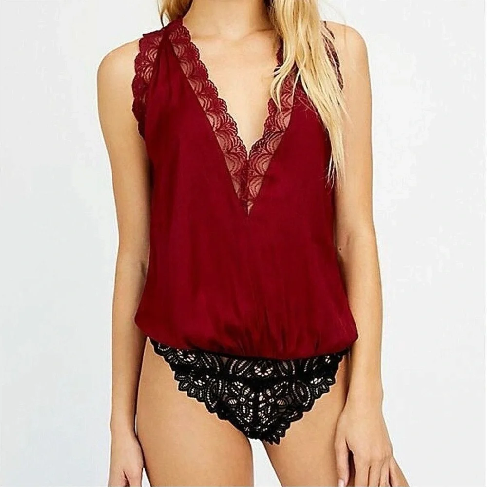 Free People The Dance Floor Satin Lace Bodysuit Size Small
